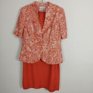 Lily & Taylor Short Sleeve Suit 3 Piece, Jacket, Top, Skirt, Orange Floral Sz 10